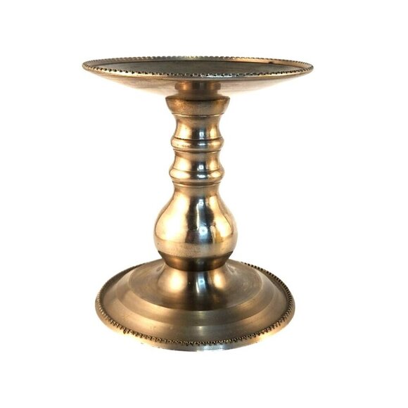 Silver Pewter Pillar Candle Holder With Edge Detailing - 5.75"H X 5"W - Picture 1 of 9